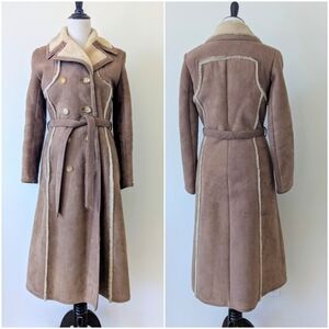 Vintage 60s 70s Womens Shearling Suede Long Belted Coat Double-Breasted Small XS